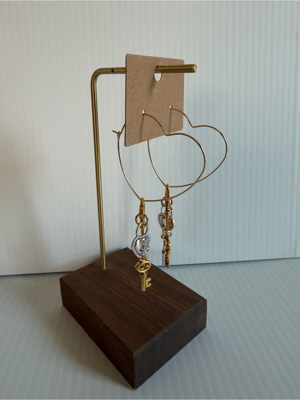 Gold Heart Hoop Earrings with Key & Heart Charms
